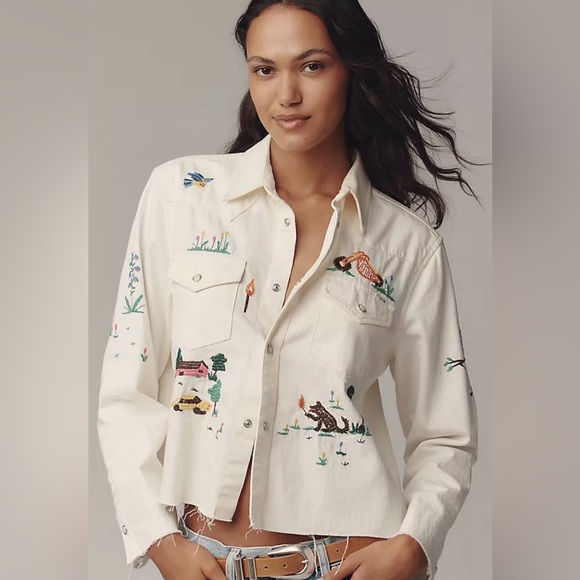 MOTHER The Super Ex's Crop Fray Buttondown Shirt - Picture 1 of 14